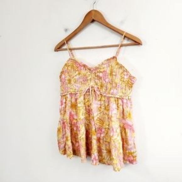 L American Eagle Smocked Yellow Orange Floral babydoll Tank Lrg - Picture 6 of 7